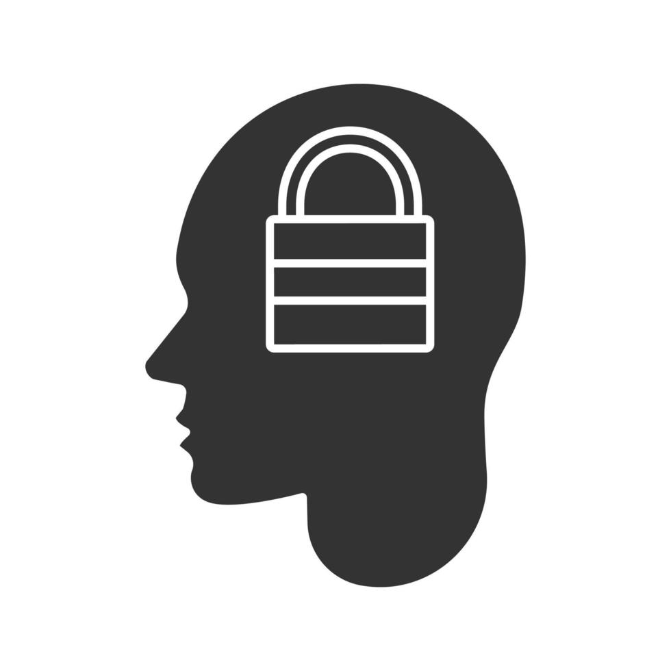 Human head with closed padlock inside glyph icon. Silhouette symbol. Artificial intelligence. Negative space. Vector isolated illustration