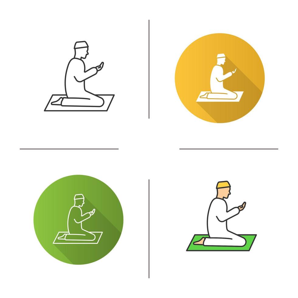 Praying muslim man icon. Flat design, linear and color styles. Worship. Islamic culture. Isolated vector illustrations