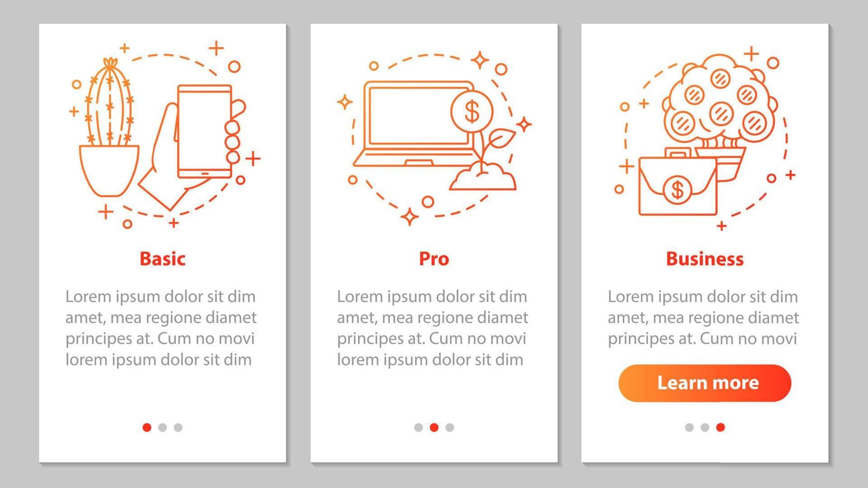 Business development onboarding mobile app page screen with linear concepts. Basic, pro options. Financial services. Business software. Steps graphic instructions. UX, UI, GUI vector illustrations