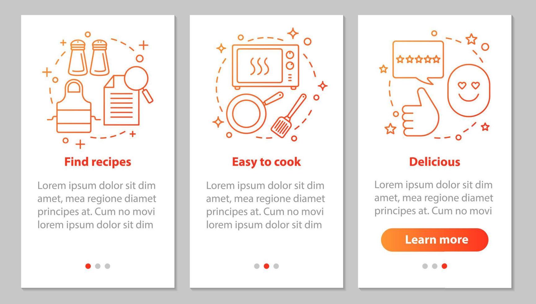 pantalla de la página de la aplicación móvil de incorporación de cocina de alimentos con conceptos lineales. encuentre recetas, preparación de comidas, deliciosos pasos de platos, instrucciones gráficas. ux, ui, plantilla vectorial gui con ilustraciones vector