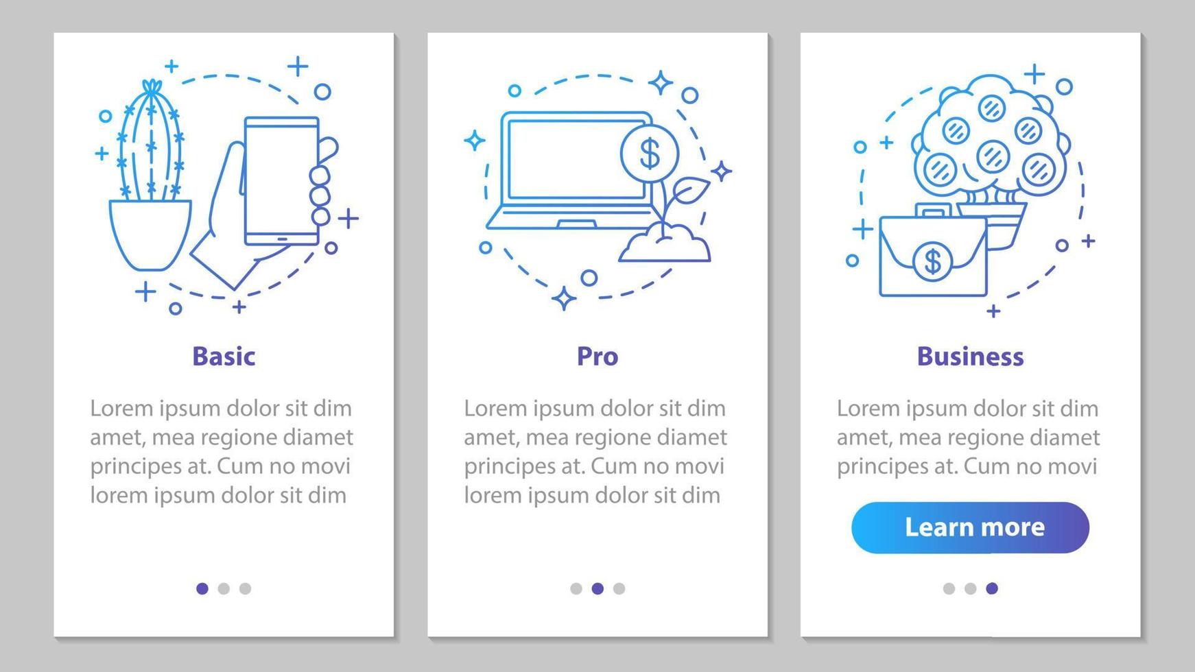 Business development onboarding mobile app page screen with linear concepts. Basic, pro options. Financial services. Business software. Steps graphic instructions. UX, UI, GUI vector illustrations