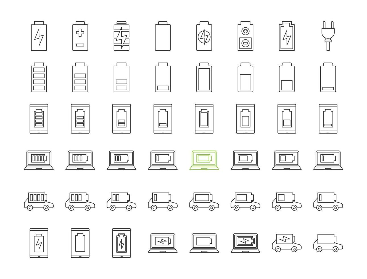 Battery charging linear icons set. Smartphone, laptop and electric car charge. Battery level indicator. Thin line contour symbols. Isolated vector outline illustrations. Editable stroke
