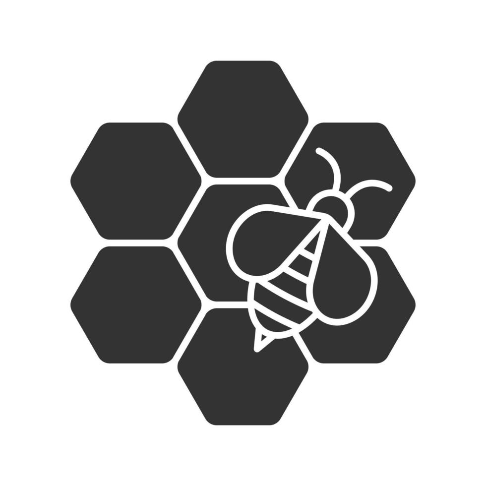 Beekeeping glyph icon. Honey bee on honeycomb. Apiary. Silhouette symbol. Negative space. Vector isolated illustration