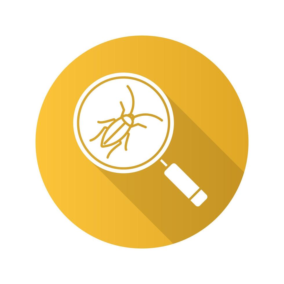 Cockroach searching flat design long shadow glyph icon. Pest control service. Magnifying glass with roach. Vector silhouette illustration