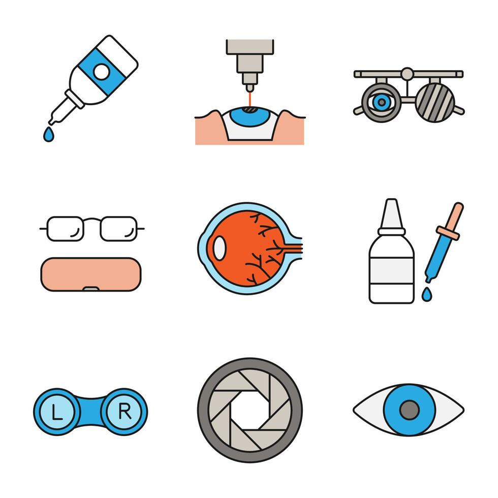 Ophtalmology color icons set. Eye drops and dropper, laser surgery, exam glasses, spectacles case, lens box, diaphragm, eyesight. Isolated vector illustrations