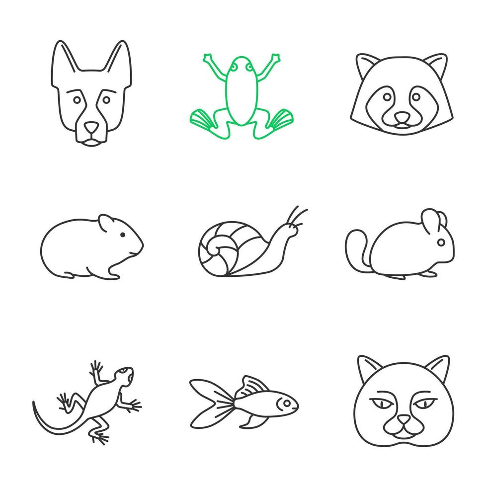 Pets linear icons set. German Shepherd, frog, raccoon, hamster, snail, chinchilla, frog, lizard, goldfish, British cat. Thin line contour symbols. Isolated vector outline illustrations