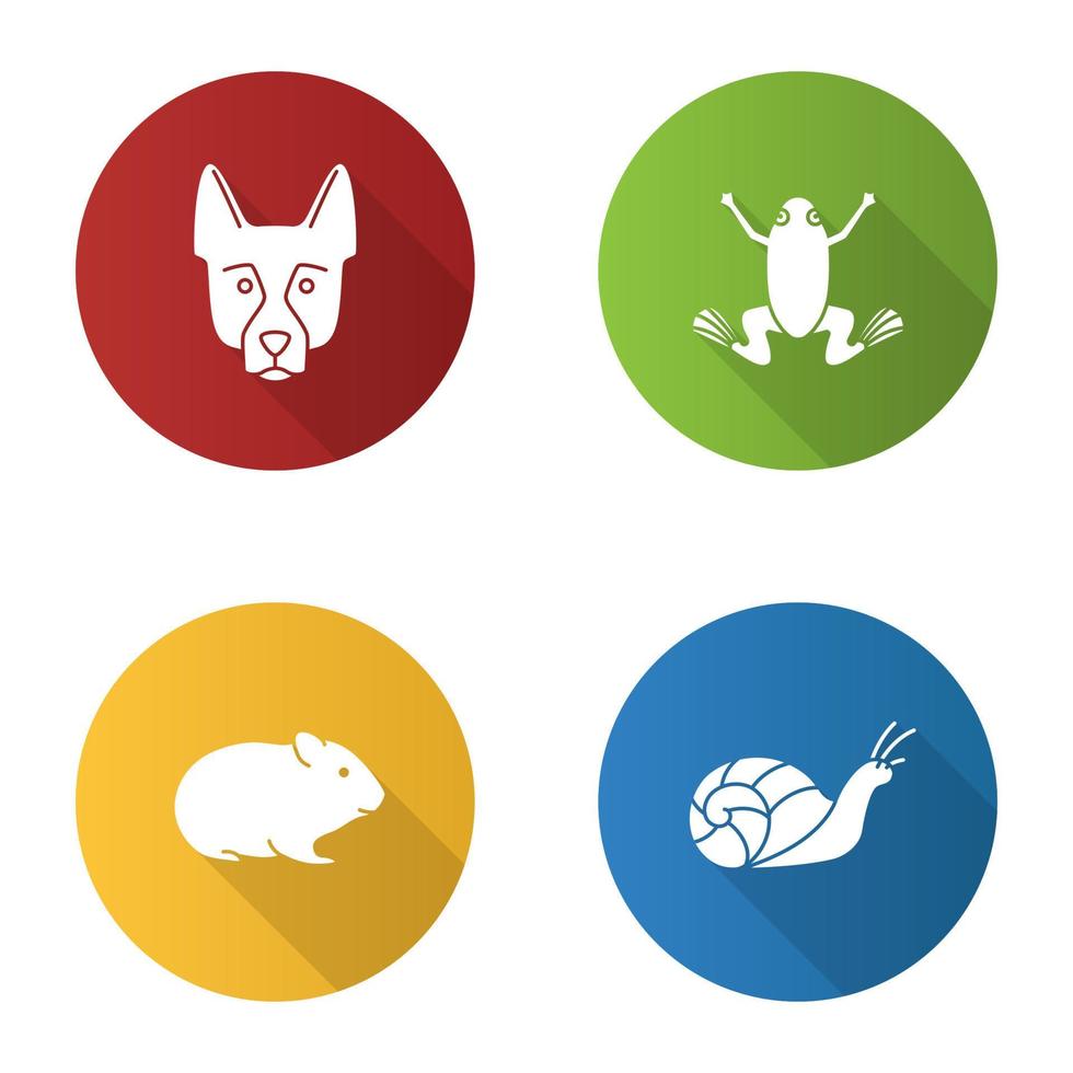 Pets flat design long shadow glyph icons set. German Shepherd, frog, hamster, snail. Vector silhouette illustration