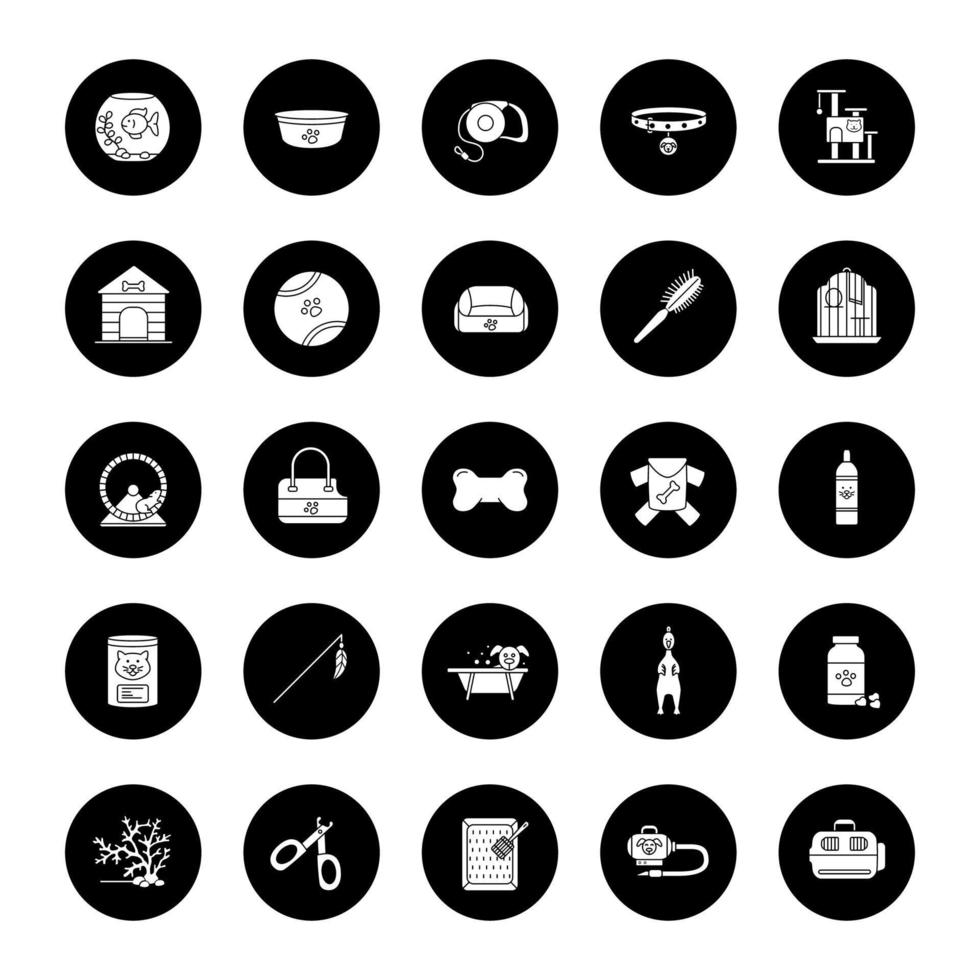 Pets supplies glyph icons set. Domestic animals goods. Pets food, toys, accessories, houses. Vector white silhouettes illustrations in black circles