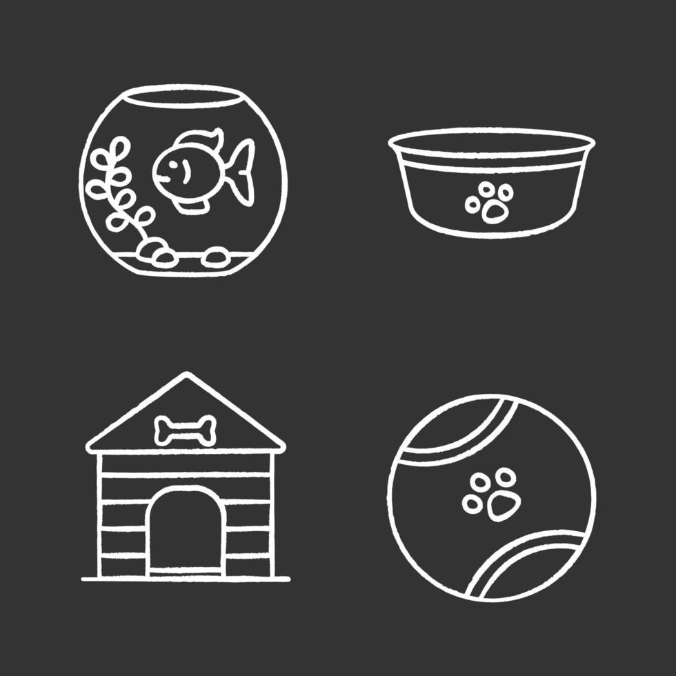 Pets supplies chalk icons set. Aquarium, dog bowl, doghouse, toy ball. Isolated vector chalkboard illustrations