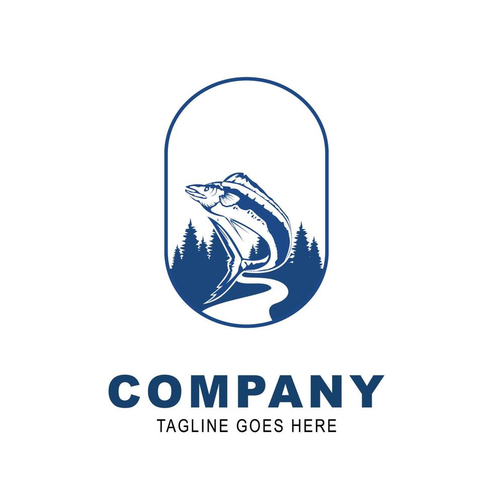 Fish Logo Template. Fish with forest marsh and river. river fish logo in blue vector