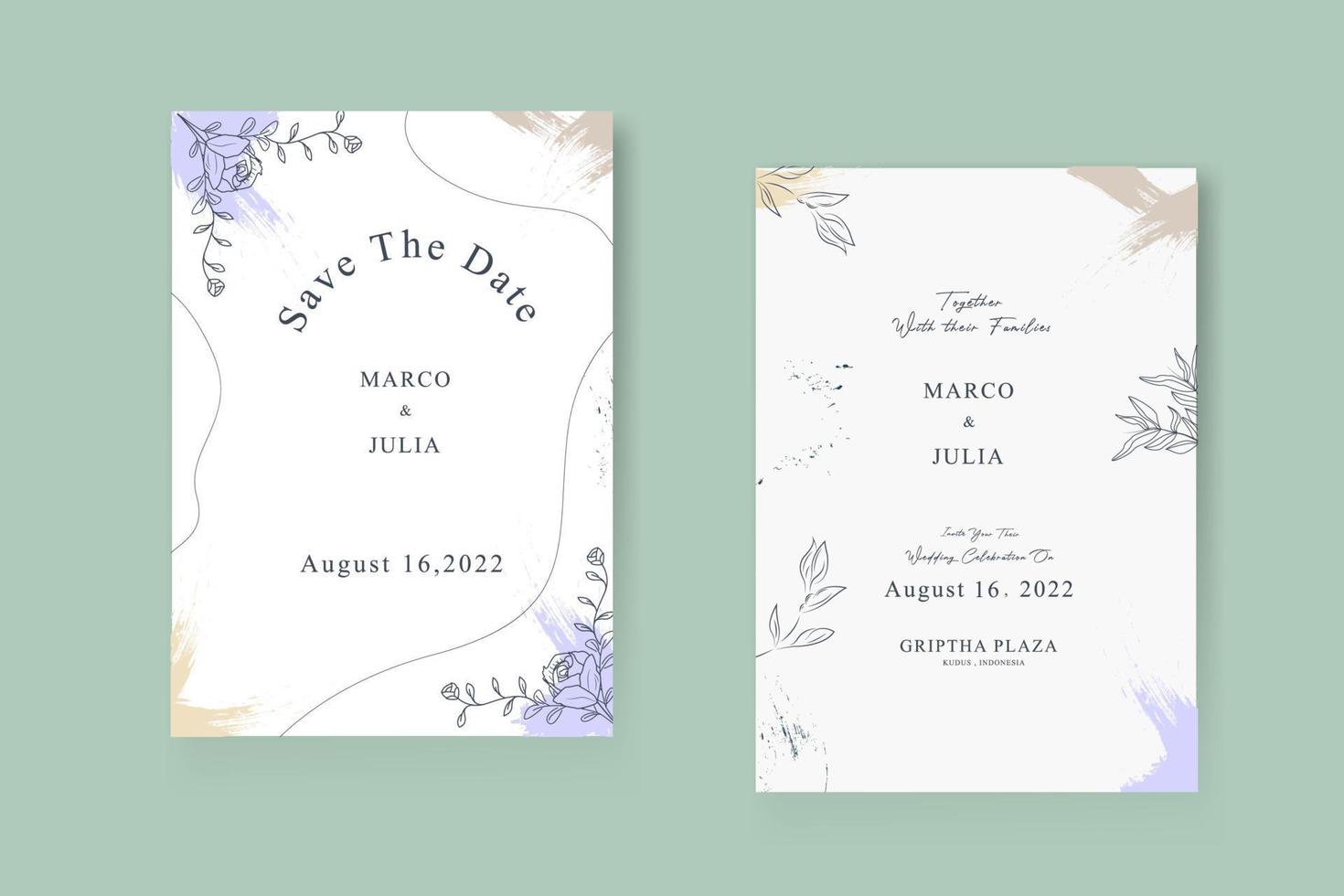 Set wedding invitation template, frame flower, leaf, elegant. Sketch wreath. Vector style of plant line art, nature art.