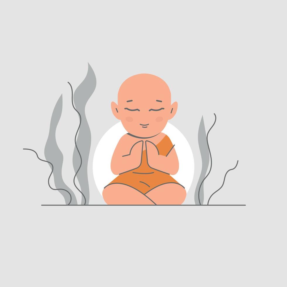 Little kid monk in the orange robe praying. Meditation and zen in Buddhism. Vector illustration