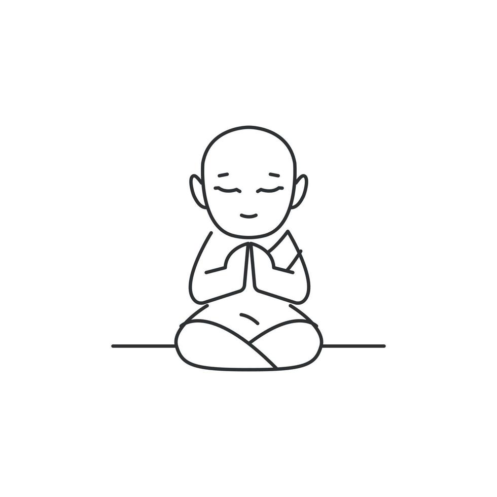 Buddhist Monk line art design. Kid  in robes sitting in meditation. Vector Illustration