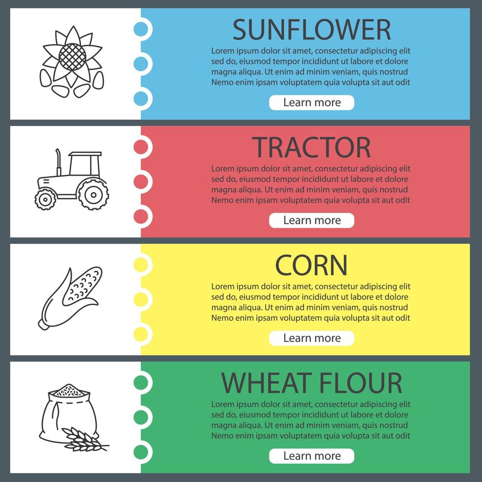 conjunto de plantillas de banner web de agricultura. girasol, tractor, maíz, harina de trigo. elementos del menú de color del sitio web con iconos lineales. conceptos de diseño de encabezados vectoriales vector