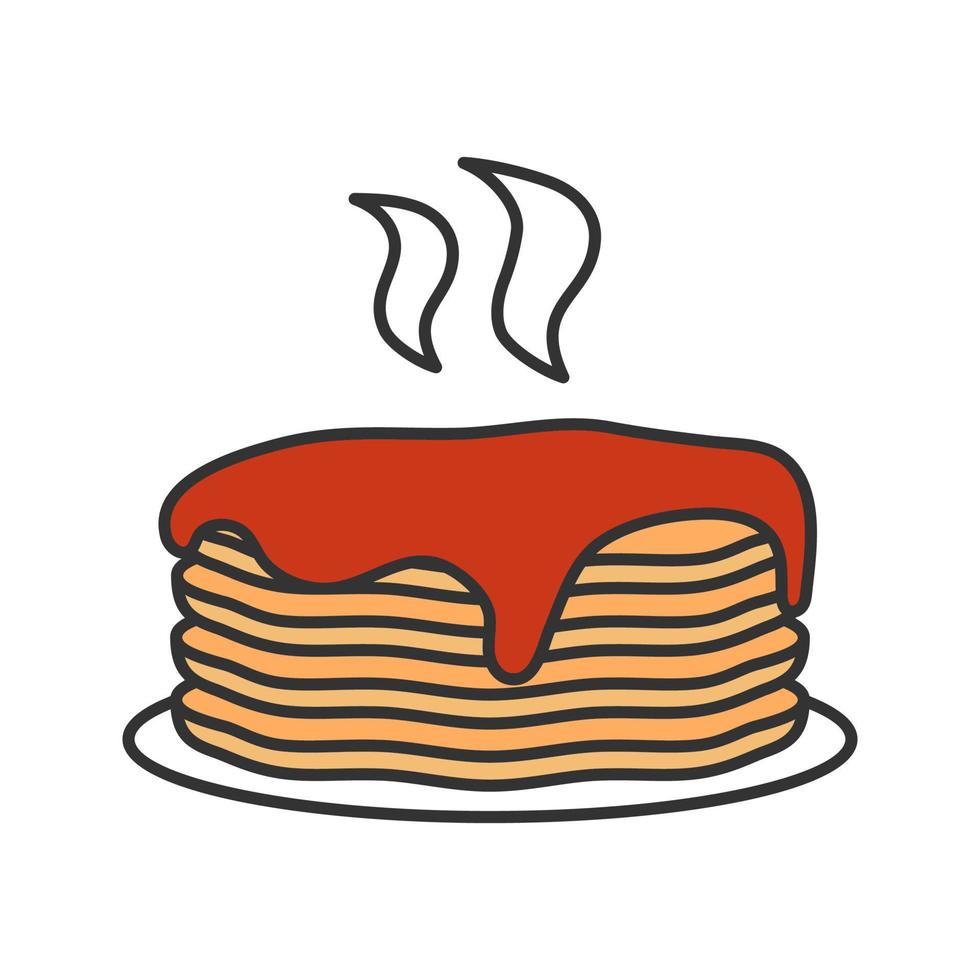 Fresh pancakes stack with jam or honey color icon. Isolated vector illustration