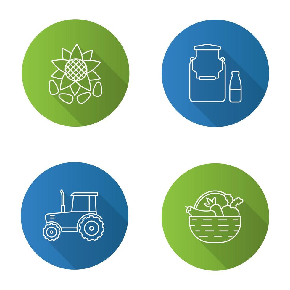 Agriculture flat linear long shadow icons set. Farming. Milk can and bottle, tractor, sunflower head with seeds, vegetables in basket. Vector outline illustration