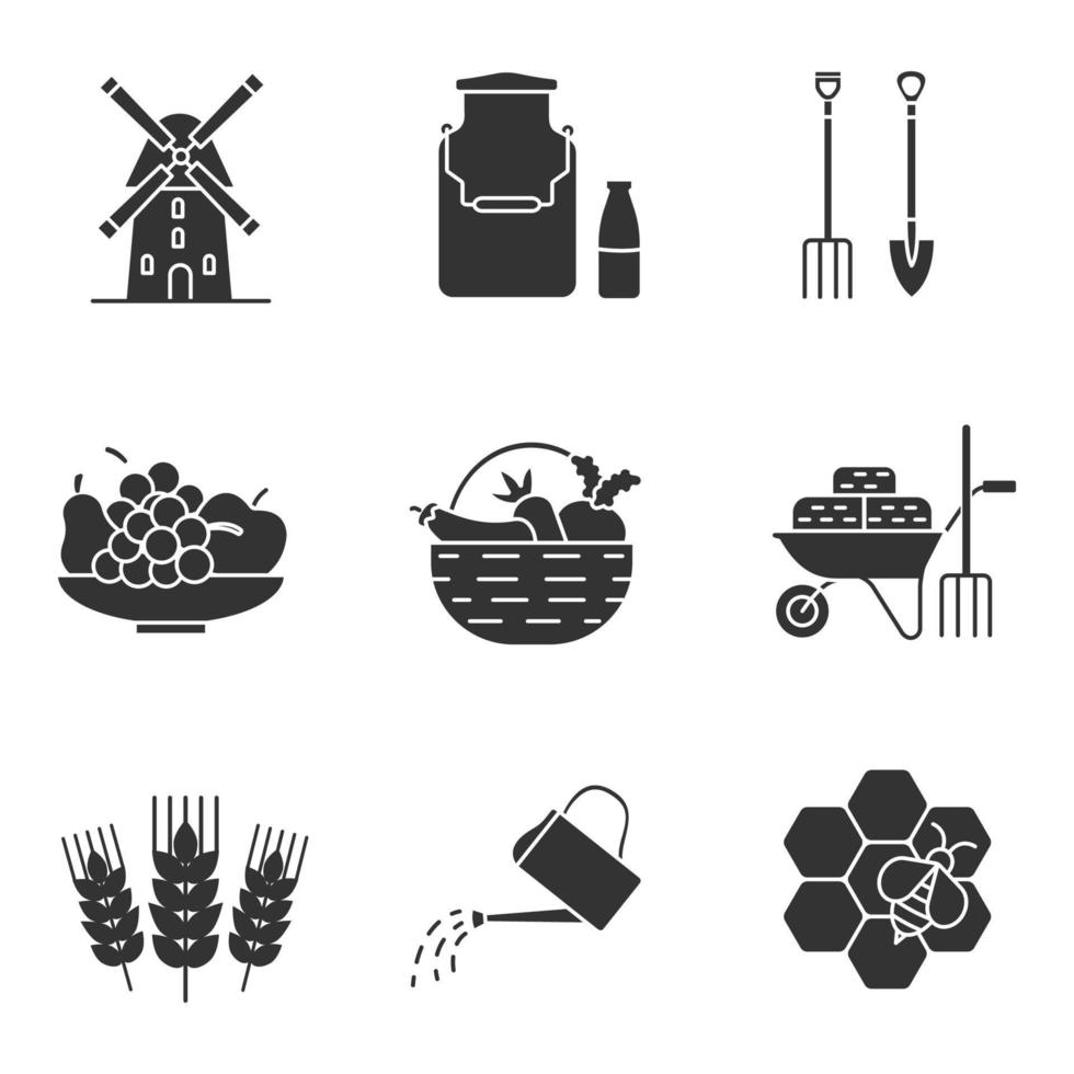 conjunto de iconos de glifo de agricultura. agricultura. molino de viento, lata de leche, horca, pala, frutas, verduras, carretilla, espigas de trigo, regadera, apicultura. símbolos de silueta. ilustración vectorial aislada vector