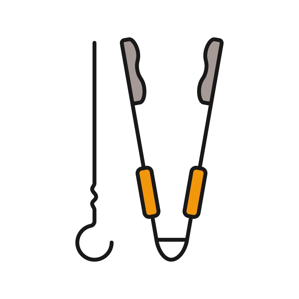 Grill skewer and tongs color icon. Barbecue tools. Isolated vector illustration