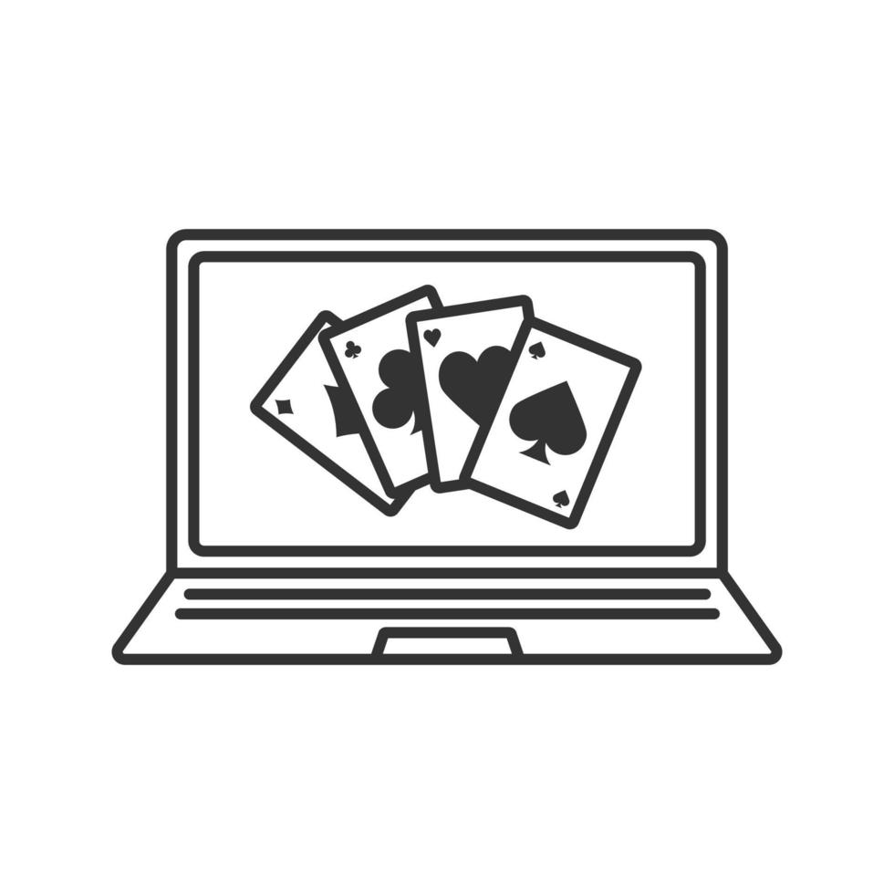 Online casino linear icon. Laptop display with four aces. Thin line illustration. Contour symbol. Vector isolated outline drawing