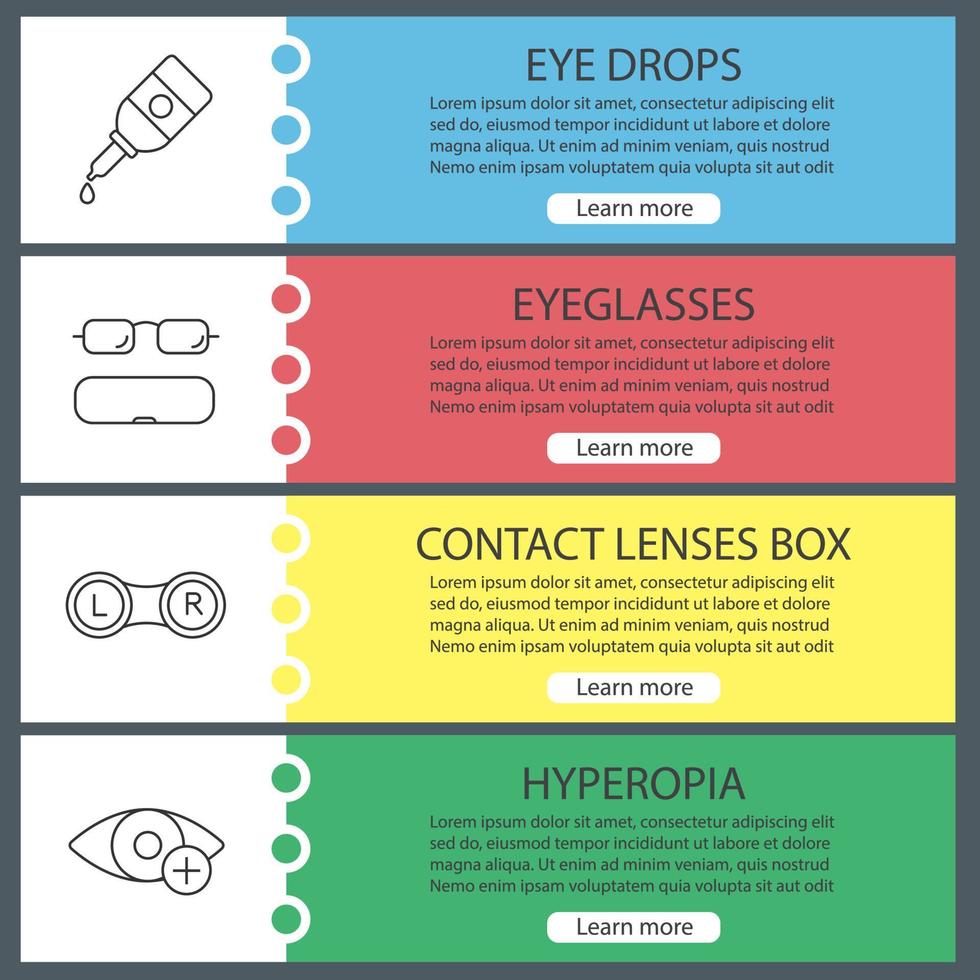 Ophthalmology web banner templates set. Eye drops, eyeglasses case, contact lenses box, hyperopia. Website color menu items with linear icons. Vector headers design concepts