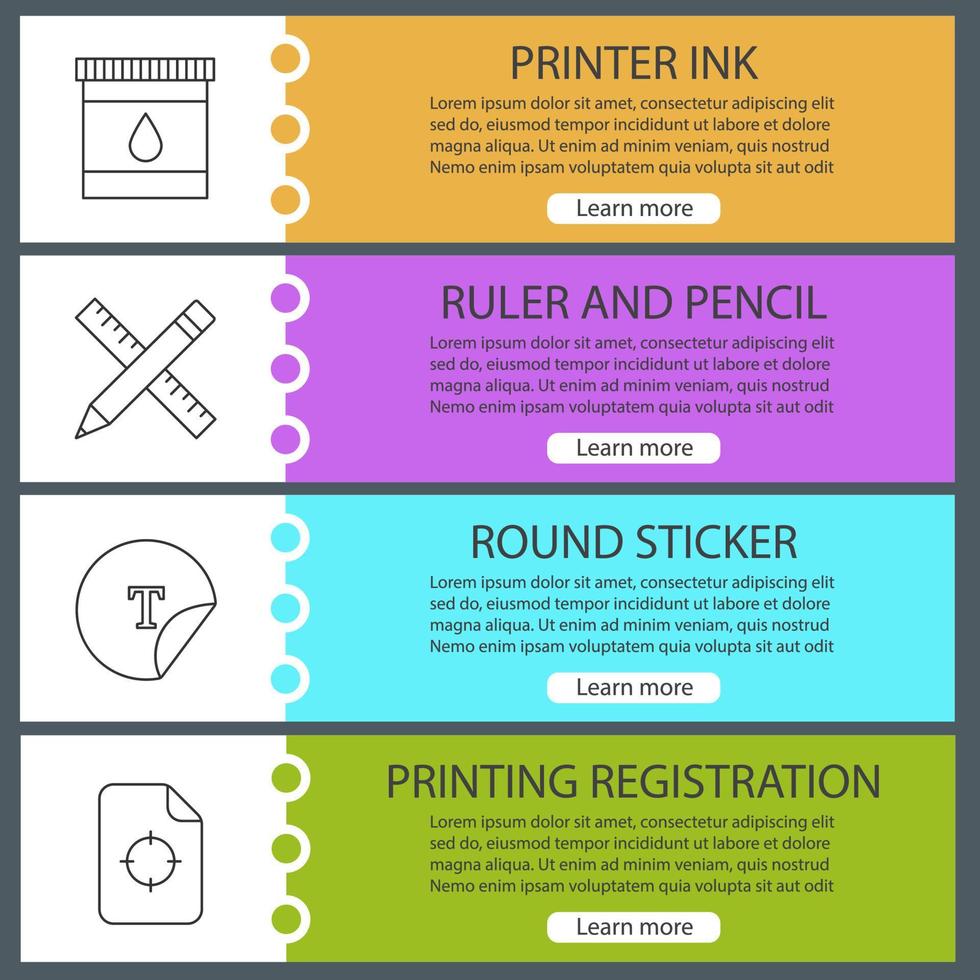 Printing web banner templates set. Printer ink, ruler and pencil, round sticker, printing registration. Website color menu items with linear icons. Vector headers design concepts