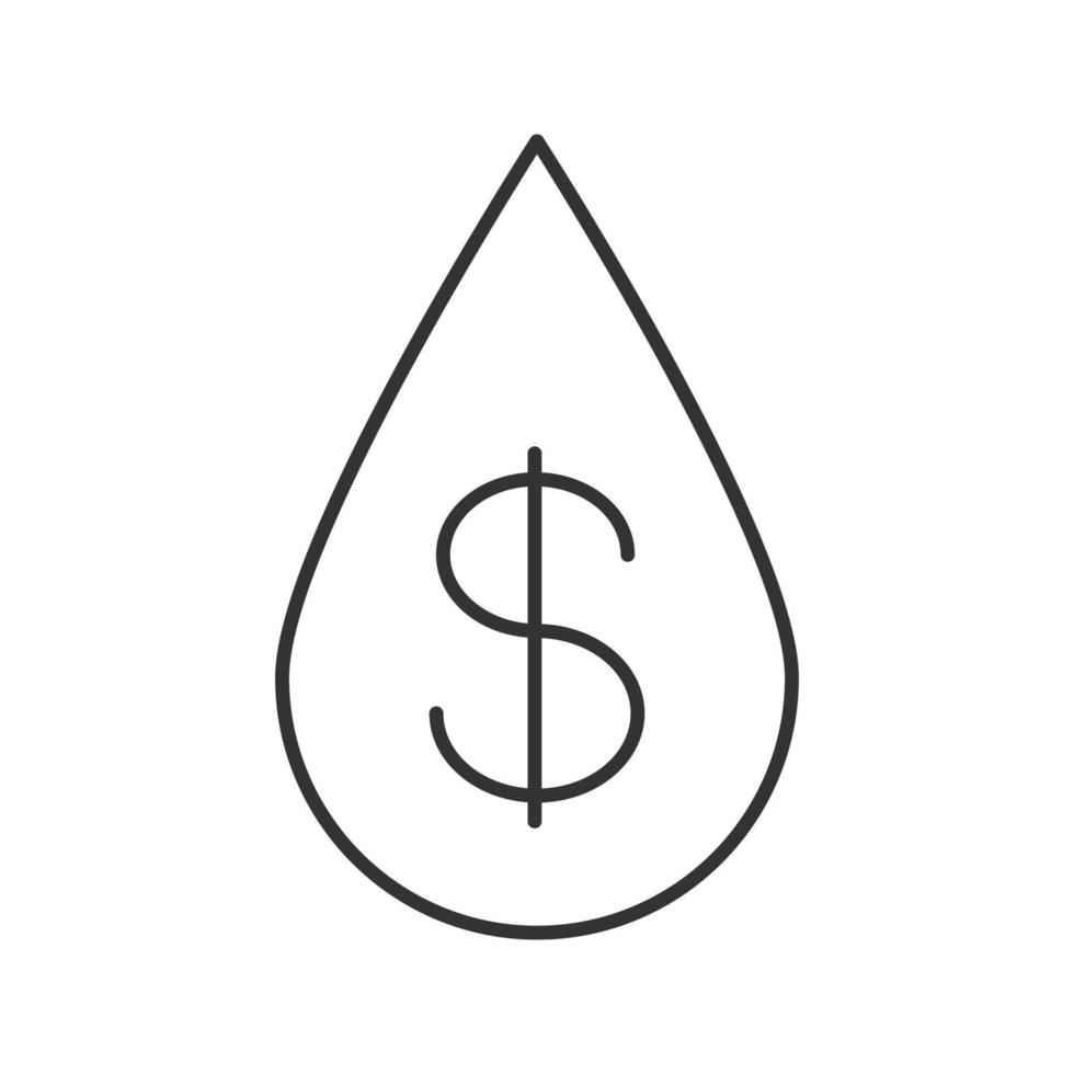 icono lineal de energía de agua. gota líquida con signo de dólar dentro. ilustración de línea delgada. compra de agua potable. símbolo de contorno dibujo de contorno aislado vectorial vector