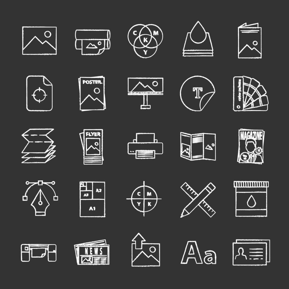 Printing chalk icons set. Polygraphy and typography. Posters, flyers, brochures, booklets templates. Isolated vector chalkboard illustrations