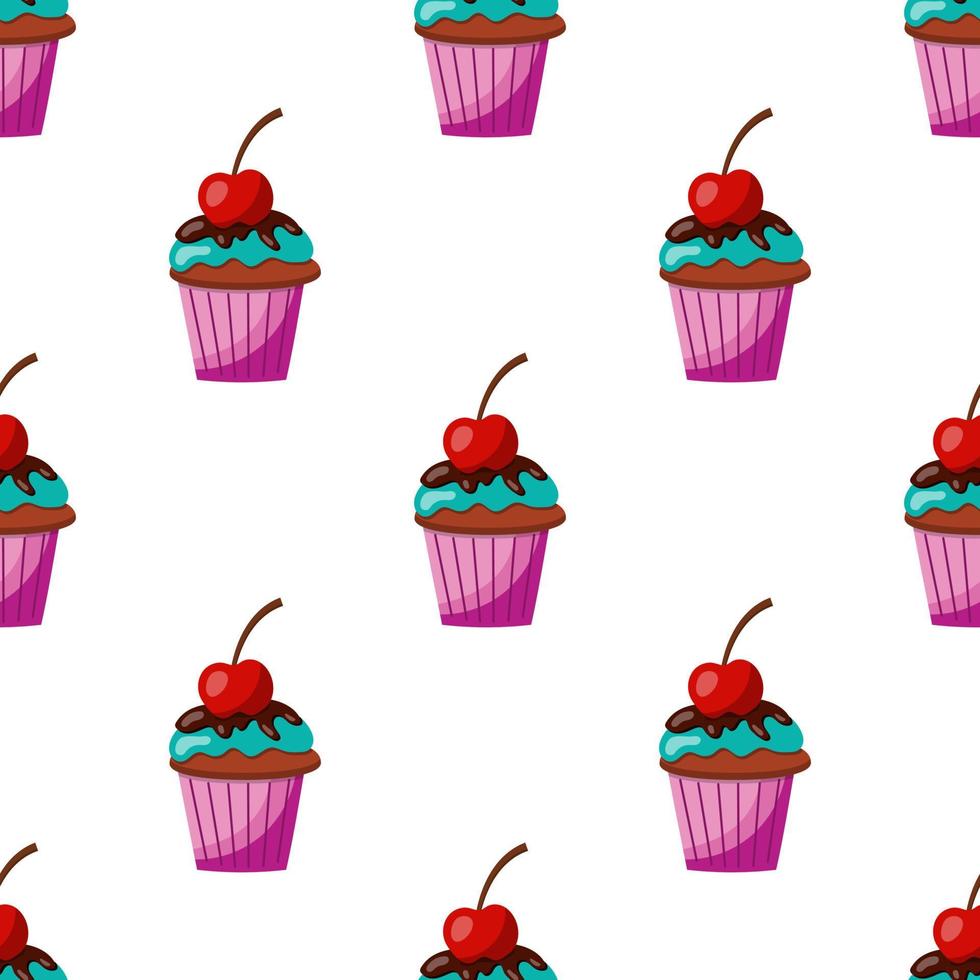 patrón de cupcake sin costuras con crema azul, glaseado de chocolate y cereza. ilustración vectorial sobre un fondo blanco vector