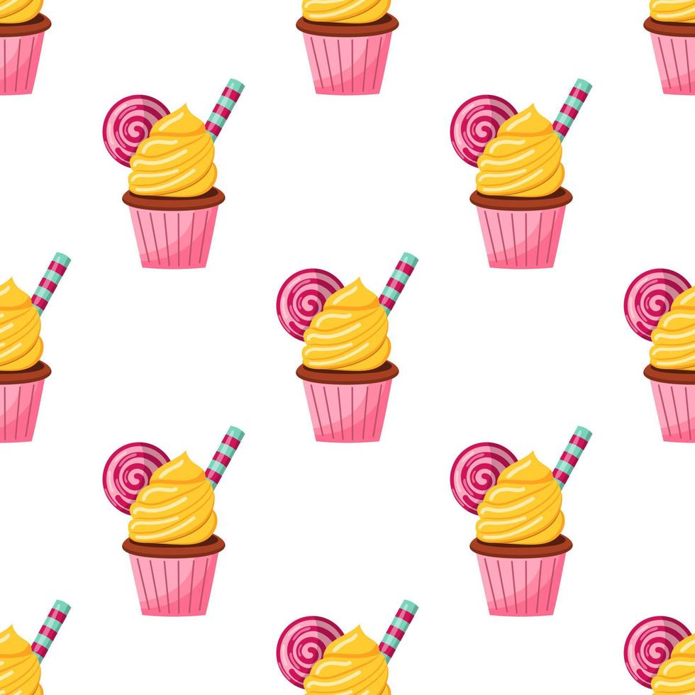 seamless pattern chocolate cupcake with cream and sweets. vector illustration on a white background.