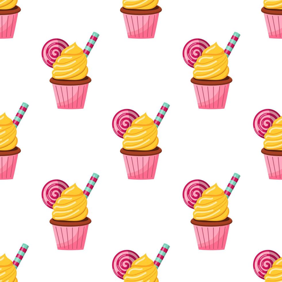 seamless pattern chocolate cupcake with cream and sweets. vector illustration on a white background.