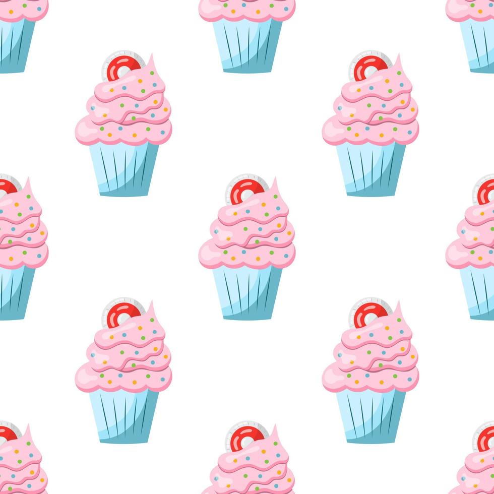 patrón de cupcake sin costuras con crema rosa. ilustración vectorial sobre un fondo blanco. vector