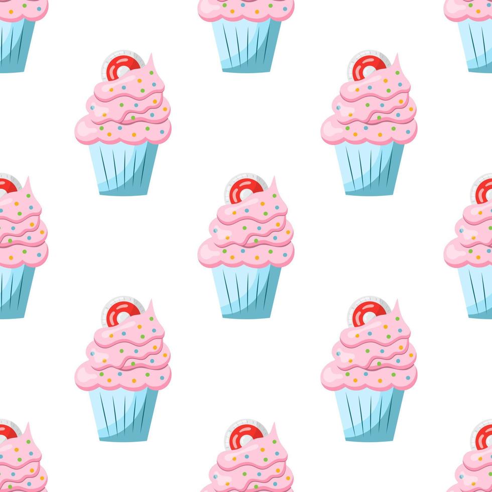 seamless cupcake pattern with pink cream. vector illustration on a white background.