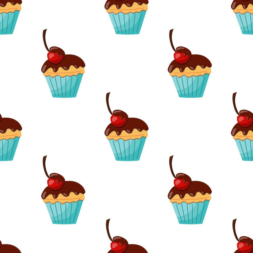 seamless cupcake pattern with chocolate icing and cherry. vector illustration on a white background.