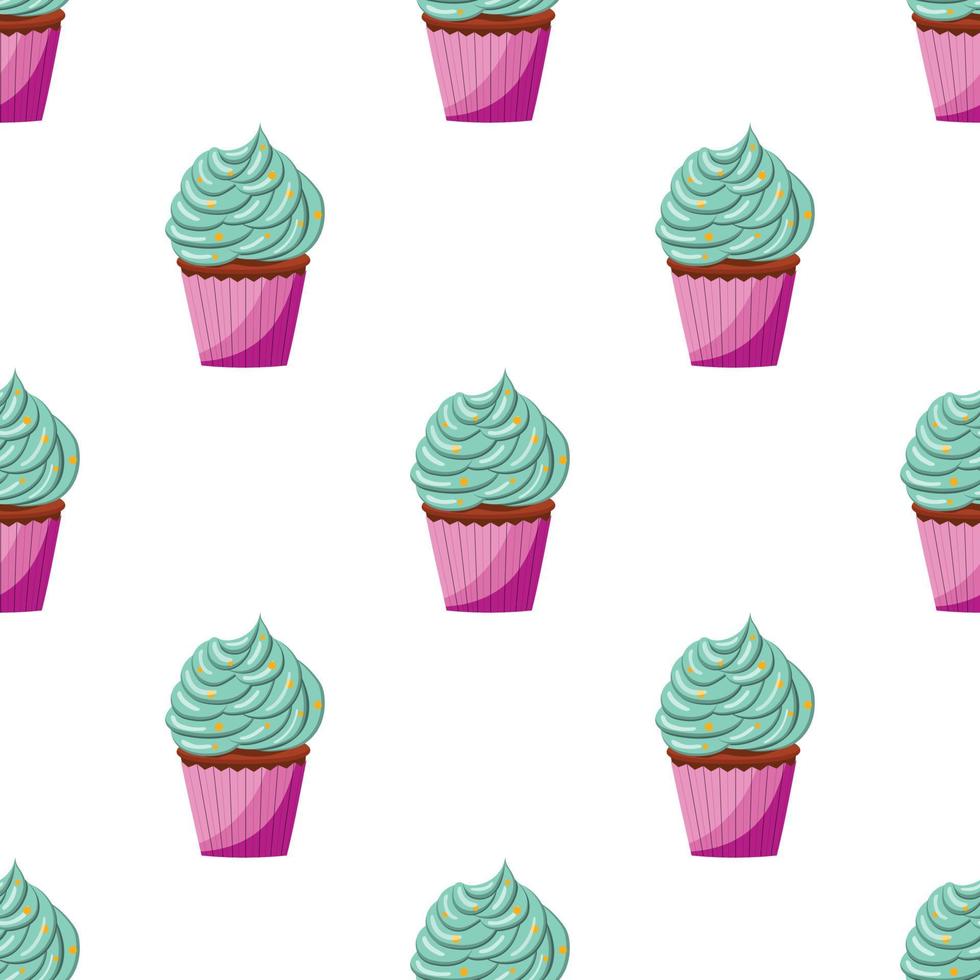 patrón de cupcake sin costuras con crema azul y chispas. ilustración vectorial sobre un fondo blanco. vector
