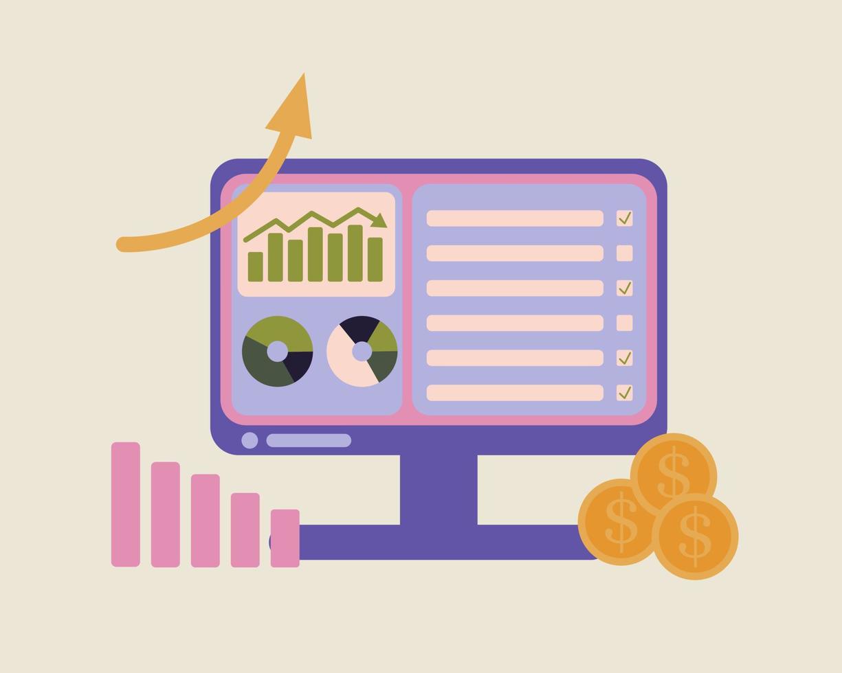 lugar de trabajo, monitor de computadora. tema tecnologías financieras, crisis financiera, gráfico de crecimiento y caída. ilustración vectorial vector