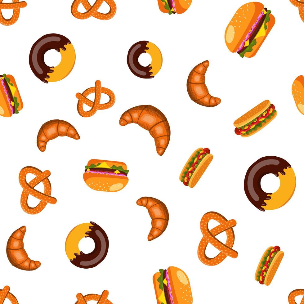 patrón sin costuras de comida rápida, hamburguesa, hot dog y donut. ilustración vectorial sobre un fondo blanco vector