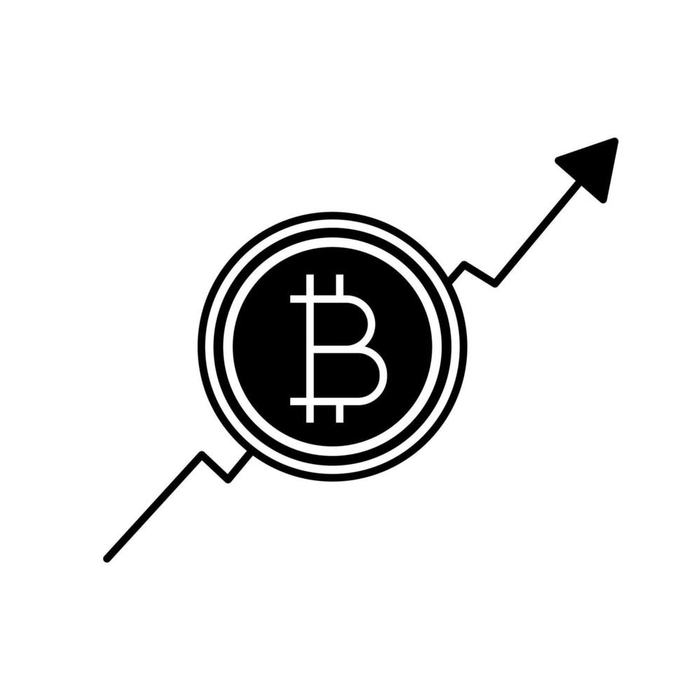 Bitcoin market growth chart glyph icon. Silhouette symbol. Cryptocurrency prices rising. Statistics diagram with bitcoin sign. Negative space. Vector isolated illustration
