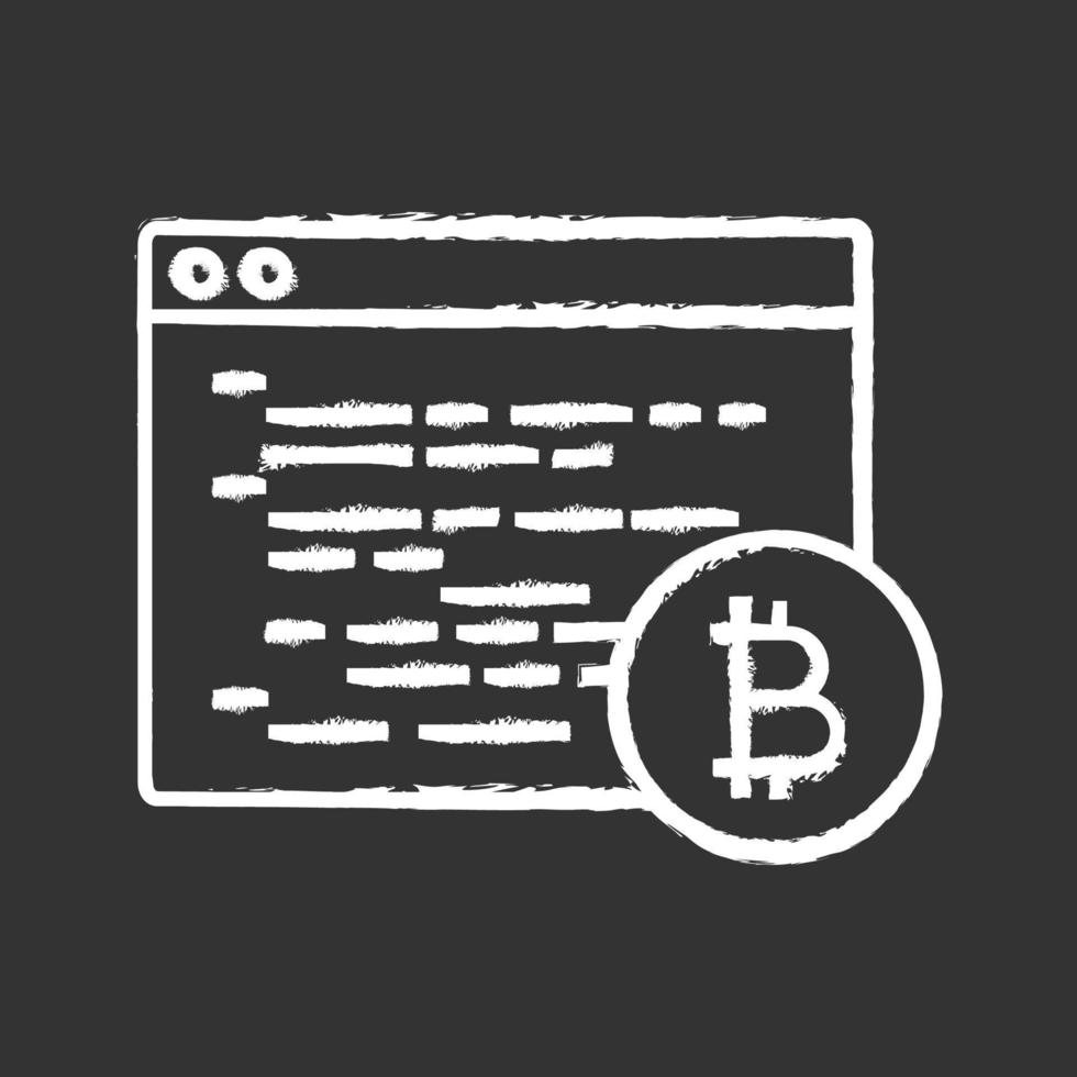 Bitcoin mining software chalk icon. Blockchain coding. Crypto mining programming. Blockchain development. Isolated vector chalkboard illustration