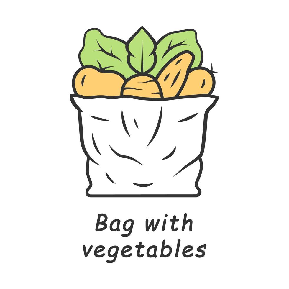 Bag with vegetables color icon. Organic, vegetarian, healthy food. Natural products. Grocery shop. Eco farming. Environmentally friendly, recycle, disposable bag. Isolated vector illustration