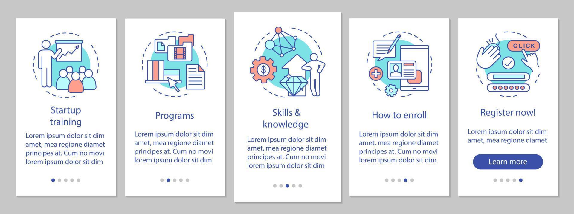 pantalla de página de la aplicación móvil de incorporación de educación de inicio con conceptos lineales. Instrucciones gráficas de los pasos del tutorial de mejora de las habilidades comerciales. ux, ui, plantilla vectorial gui con ilustraciones vector