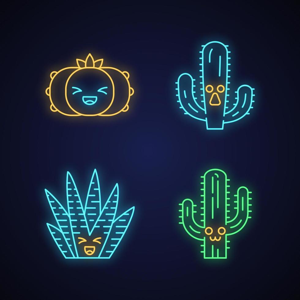 Cactuses cute kawaii neon light characters. Plants with smiling faces. Laughing peyote cacti. Funny emoji, emoticon set. Glowing icons with alphabet, numbers, symbols. Vector isolated illustration