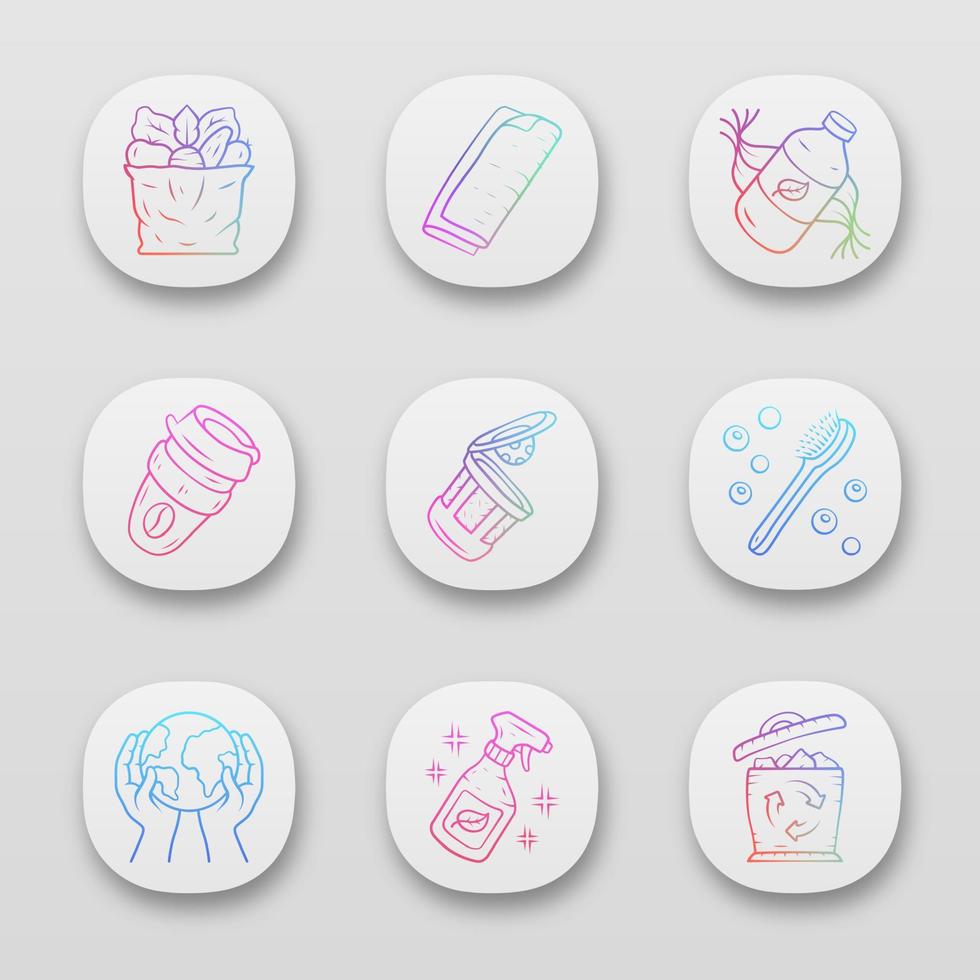 Zero waste swaps handmade app icons set. Eco friendly, sustainable products. Reusable coffee cup, eco shampoo, brush. UI UX user interface. Web or mobile applications. Vector isolated illustrations
