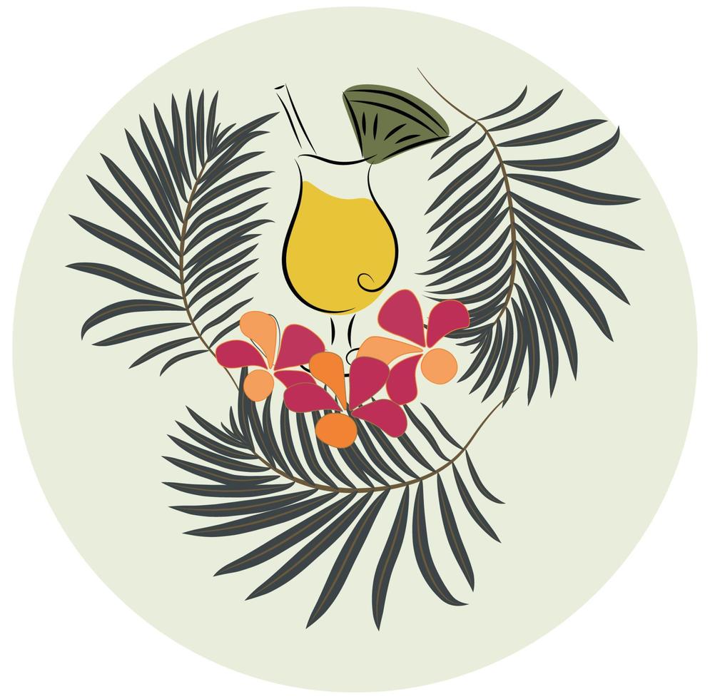 A tropical party. Cocktail, palm leaves, plumeria. vector