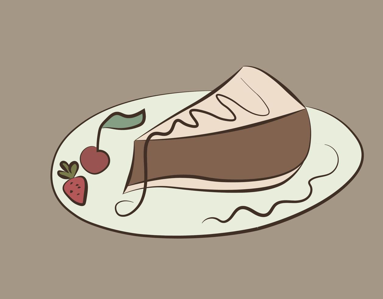 A piece of biscuit cake covered with icing with cherries and strawberries. vector
