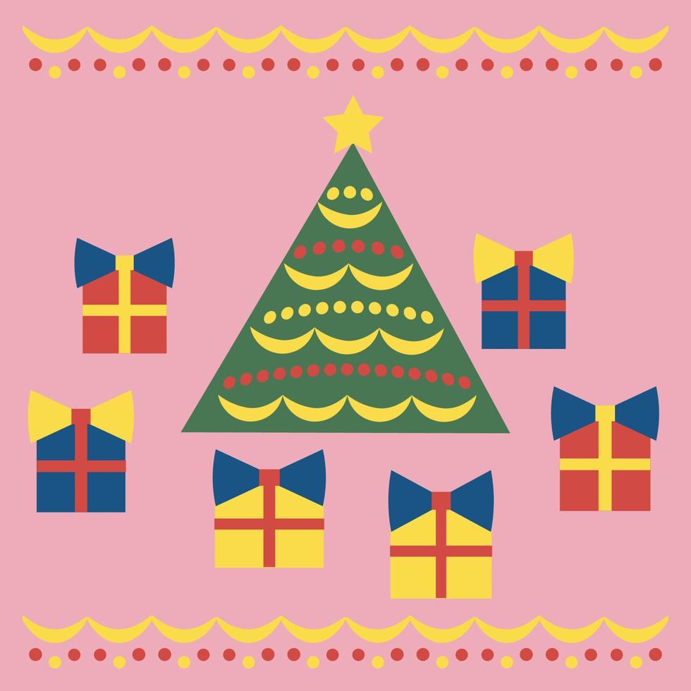 Greeting card with Christmas tree and gifts. vector