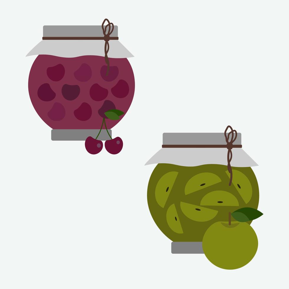 Apple and cherry jam in jars. Isolated. vector
