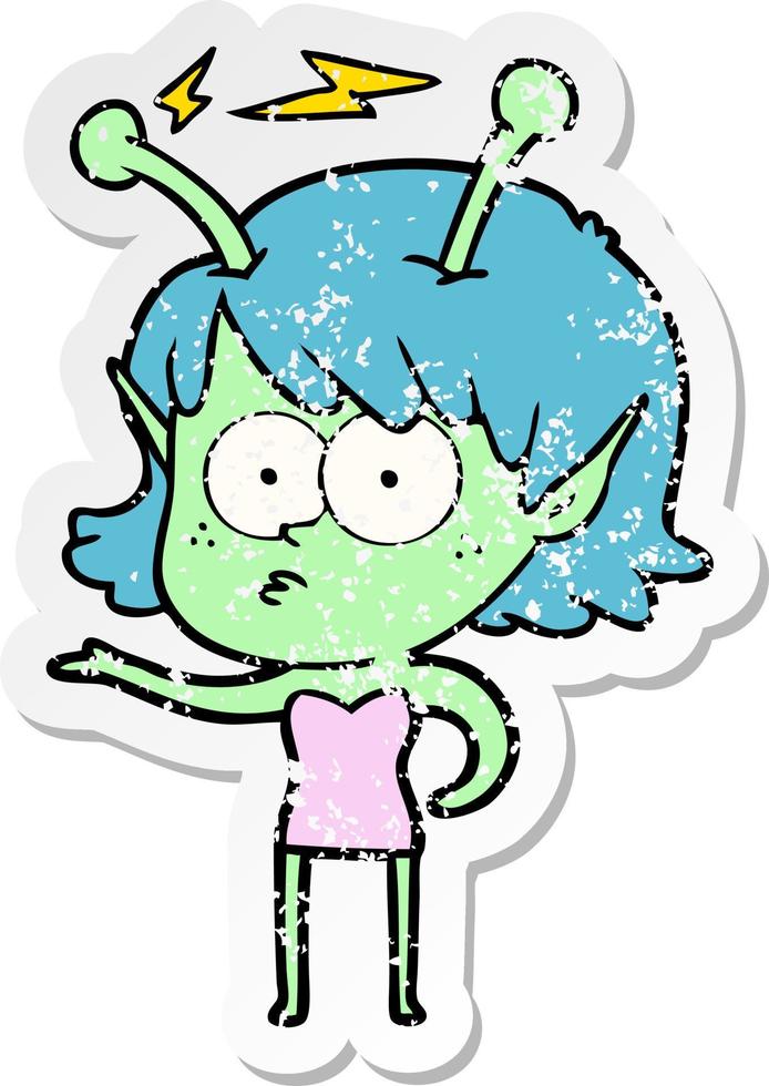 distressed sticker of a cartoon alien girl vector