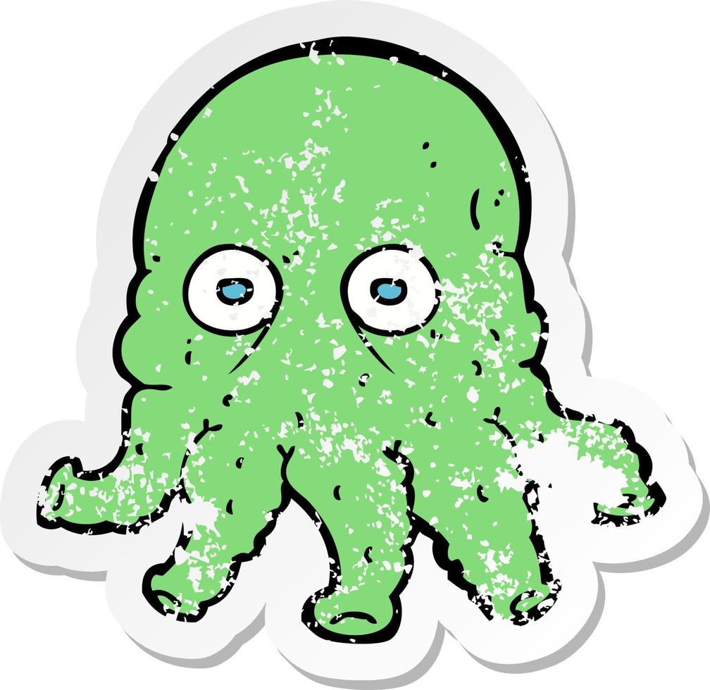 retro distressed sticker of a cartoon alien squid face vector