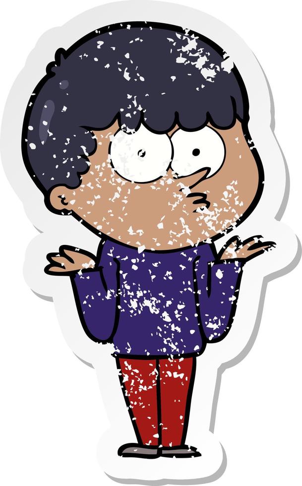 distressed sticker of a cartoon curious boy shrugging shoulders vector