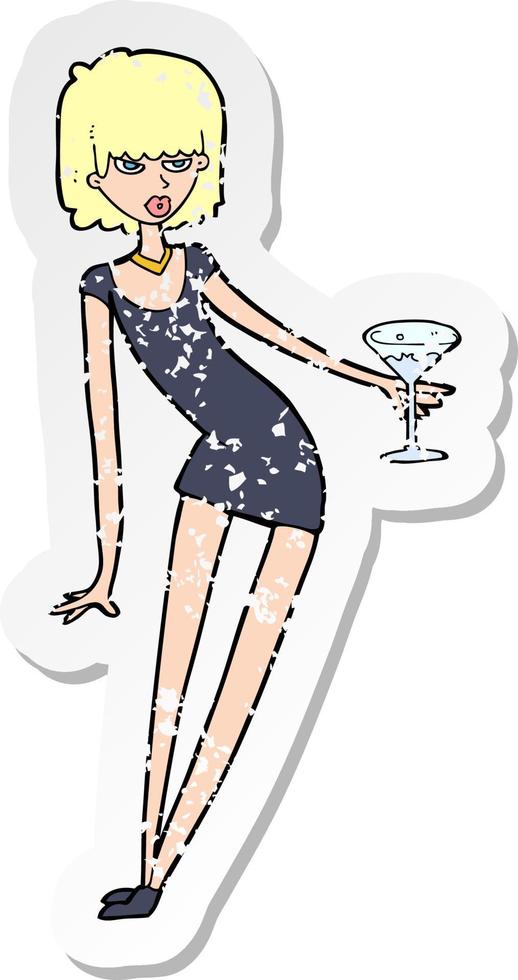 retro distressed sticker of a cartoon woman with cocktail vector
